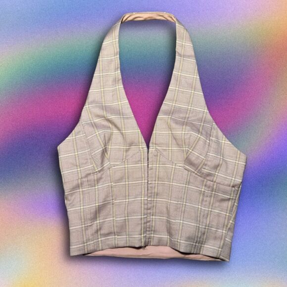 Size Small Office Siren Halter Pink and Brown Gingham Vest Corset Top - Picture 2 of 4